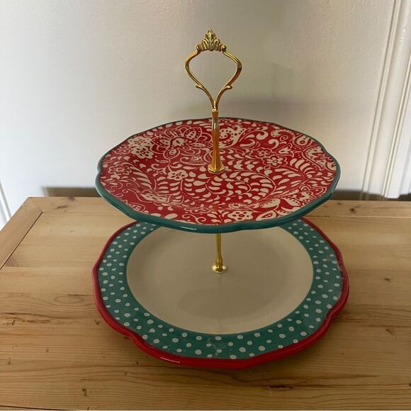 PIONEER WOMAN CUPCAKE DESSERT STAND 2-TIER Travelling Vines Teal White Dots NWOT - Picture 7 of 8